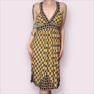 Jodi Kristopher Yellow and Brown Floral Patterned Midi Dress
